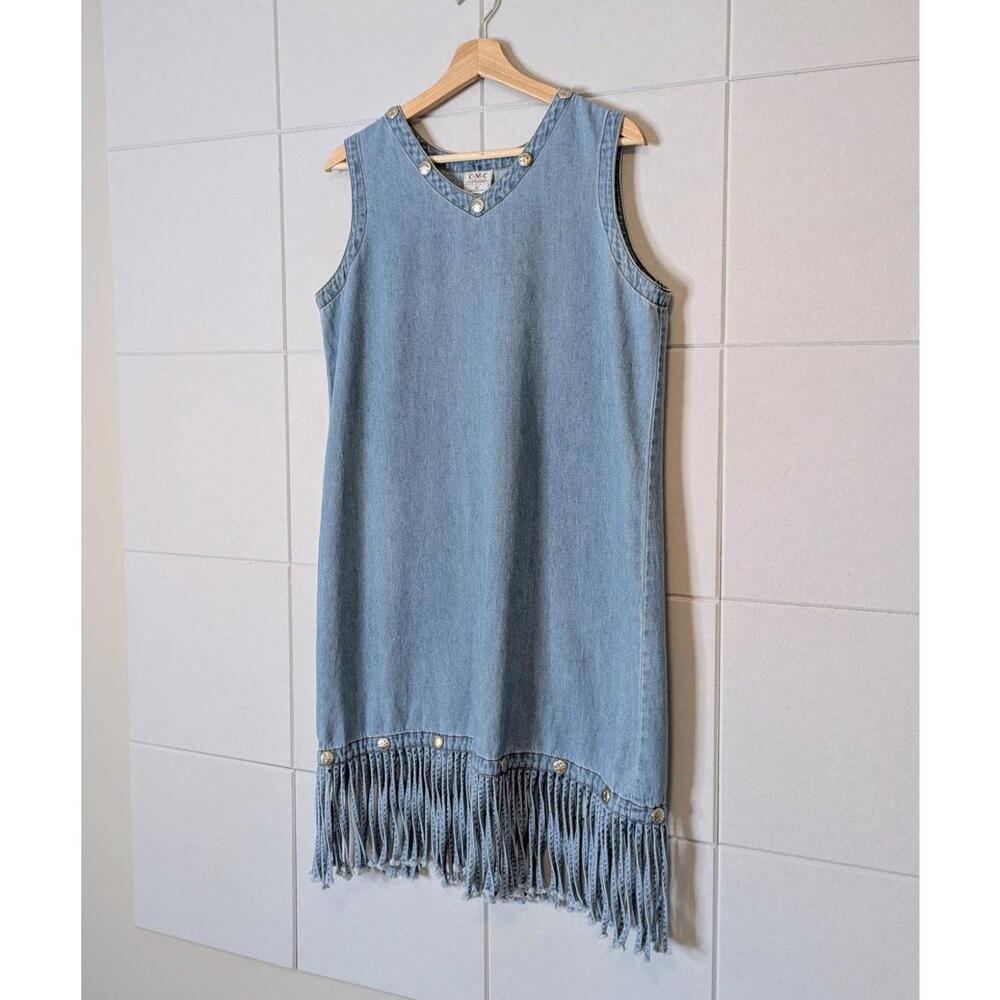 Vintage 90s fringed denim western tank dress - Picture 2 of 8